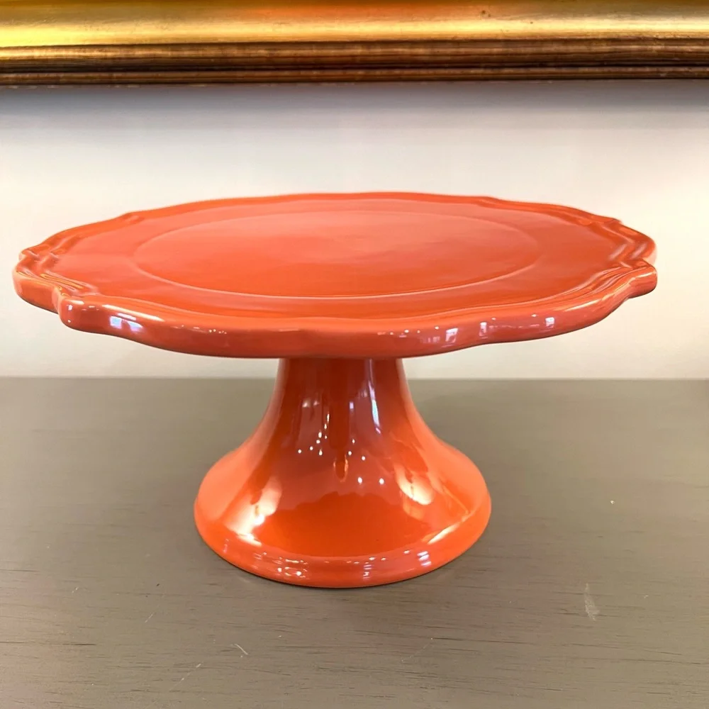 Threshold Cake Stand Persimmon Orange Ceramic Stoneware 11x5.5” Scallop Edge